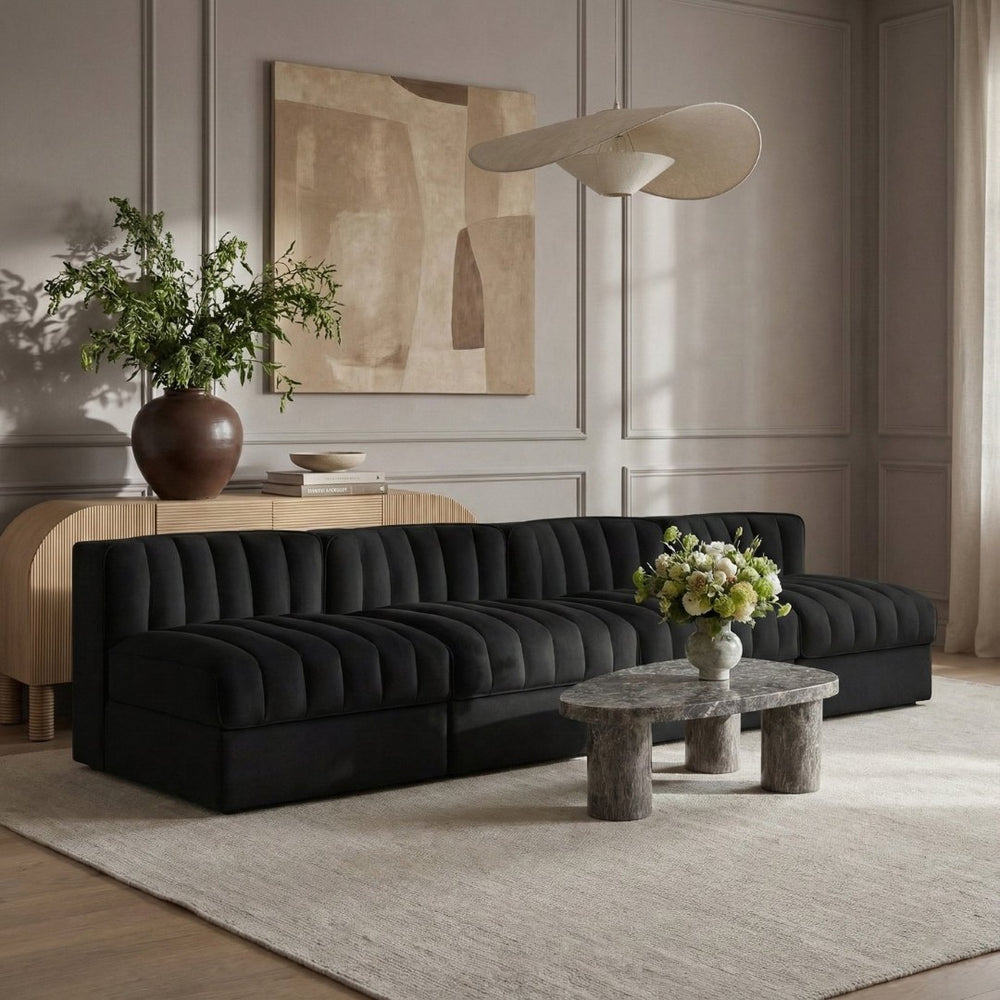 Meridian Furniture Rummi Four Piece Channel Tufted Modular Sofa in Black Performance Velvet Fabric 660Black-S116