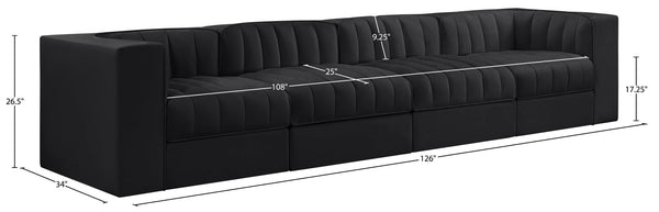 Meridian Furniture Rummi Four Piece Modular Sofa Channel Tufted Black Velvet Low Profile Living Room 660Black-S126