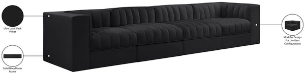 Meridian Furniture Rummi Four Piece Modular Sofa Channel Tufted Black Velvet Low Profile Living Room 660Black-S126