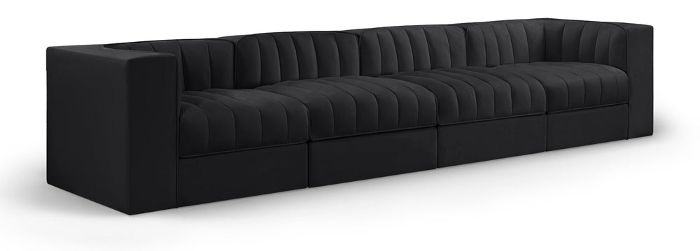 Meridian Furniture Rummi Four Piece Modular Sofa Channel Tufted Black Velvet Low Profile Living Room 660Black-S126