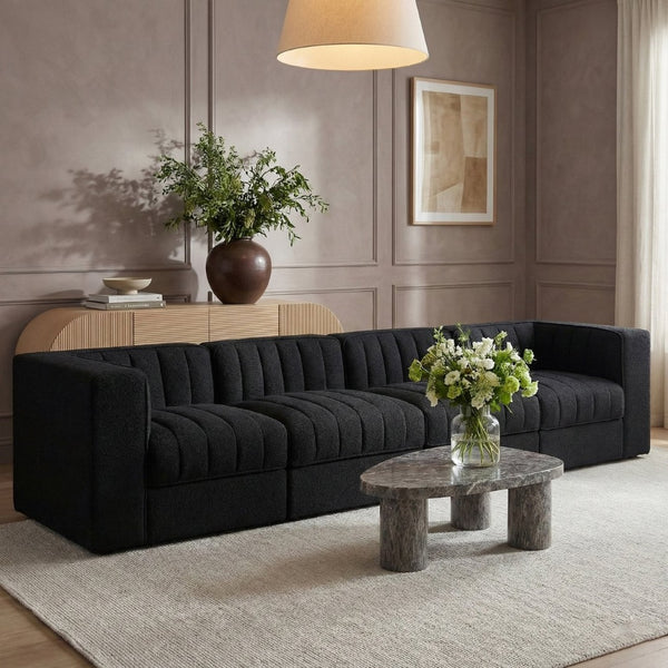 Meridian Furniture Rummi Four Piece Modular Sofa Channel Tufted Black Velvet Low Profile Living Room 660Black-S126