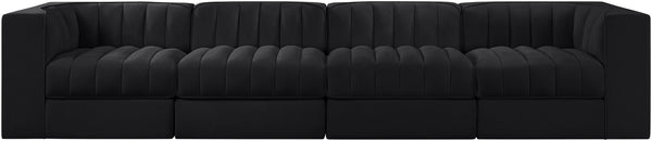 Meridian Furniture Rummi Four Piece Modular Sofa Channel Tufted Black Velvet Low Profile Living Room 660Black-S126