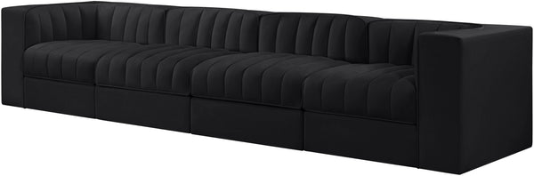 Meridian Furniture Rummi Four Piece Modular Sofa Channel Tufted Black Velvet Low Profile Living Room 660Black-S126