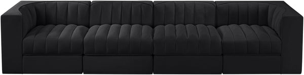 Meridian Furniture Rummi Four Piece Modular Sofa Channel Tufted Black Velvet Low Profile Living Room 660Black-S126
