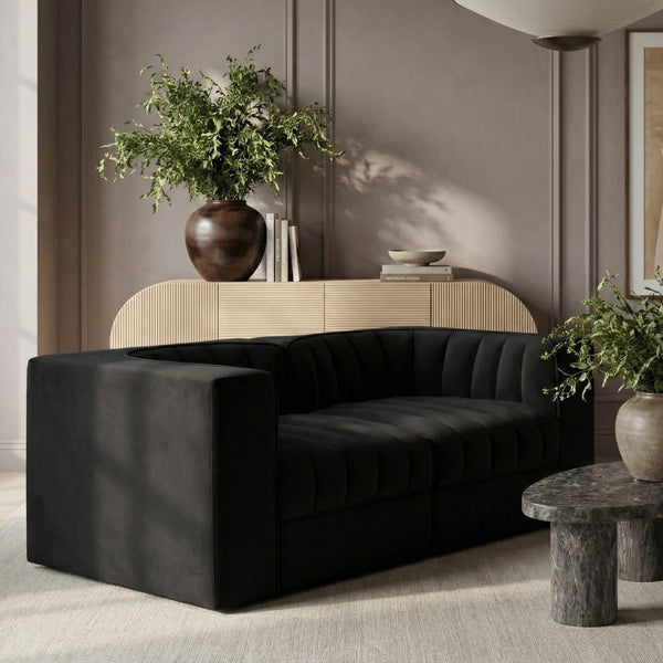 Meridian Furniture Rummi Channel Tufted Modular Loveseat in Stain Resistant Performance Velvet for Modern Living Black 68 inches 660Black-S68