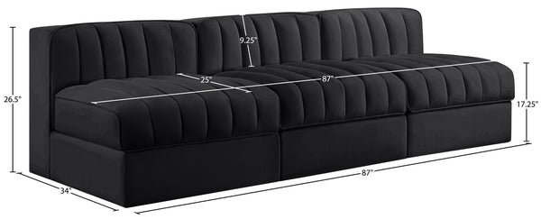 Meridian Furniture Rummi Channel Tufted Velvet Performance Fabric Three Piece Modular Sofa for Living Room 660Black-S87