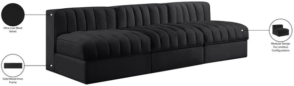Meridian Furniture Rummi Channel Tufted Velvet Performance Fabric Three Piece Modular Sofa for Living Room 660Black-S87