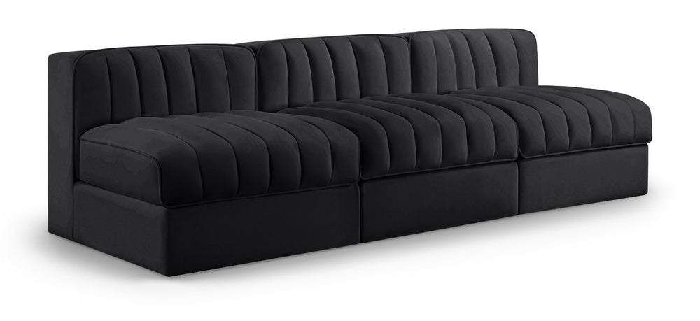 Meridian Furniture Rummi Channel Tufted Velvet Performance Fabric Three Piece Modular Sofa for Living Room 660Black-S87