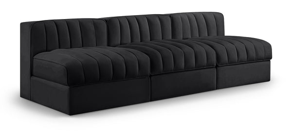 Meridian Furniture Rummi Channel Tufted Velvet Performance Fabric Three Piece Modular Sofa for Living Room 660Black-S87