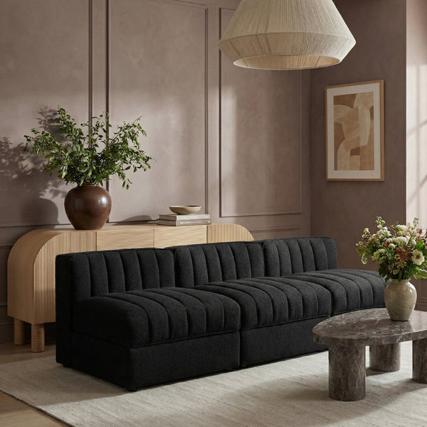 Meridian Furniture Rummi Channel Tufted Velvet Performance Fabric Three Piece Modular Sofa for Living Room 660Black-S87