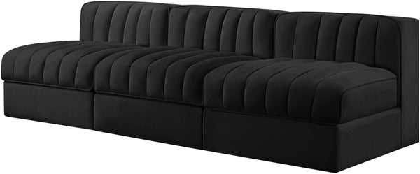 Meridian Furniture Rummi Channel Tufted Velvet Performance Fabric Three Piece Modular Sofa for Living Room 660Black-S87