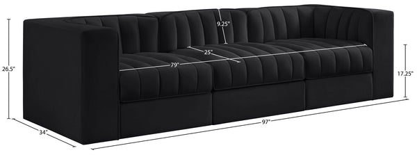 Meridian Furniture Rummi Channel Tufted Velvet Modular Sofa Three Piece Set for Modern Living Rooms 660Black-S97