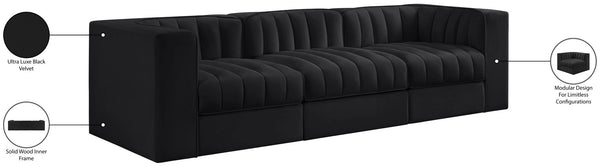 Meridian Furniture Rummi Channel Tufted Velvet Modular Sofa Three Piece Set for Modern Living Rooms 660Black-S97