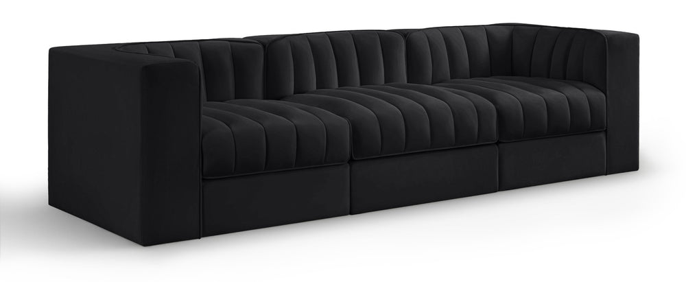 Meridian Furniture Rummi Channel Tufted Velvet Modular Sofa Three Piece Set for Modern Living Rooms 660Black-S97