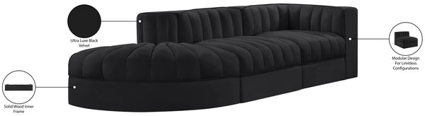 Meridian Furniture Rummi Channel Tufted Velvet Modular Sectional Sofa with Solid Wood Frame for Modern Living Black 660Black-Sec3A
