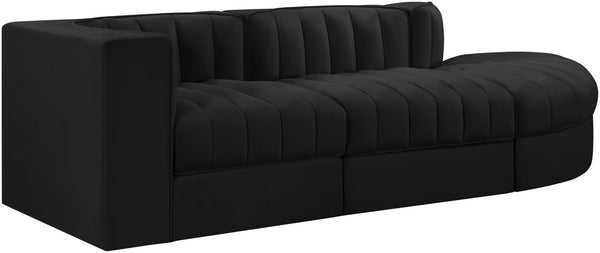 Meridian Furniture Rummi Channel Tufted Velvet Modular Sectional Sofa with Solid Wood Frame for Modern Living Black 660Black-Sec3A