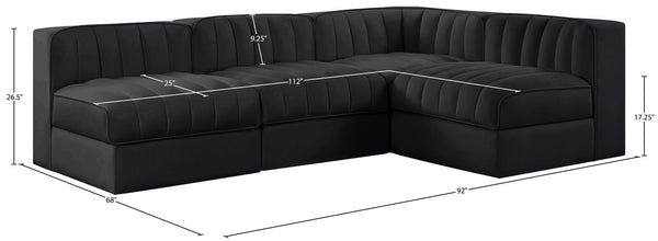 Meridian Furniture Rummi Four Piece Modular Sectional Velvet Channel Tufted Low Profile Lounge Sofa 660Black-Sec4A