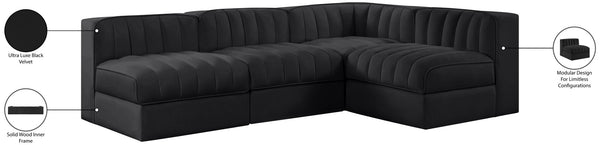 Meridian Furniture Rummi Four Piece Modular Sectional Velvet Channel Tufted Low Profile Lounge Sofa 660Black-Sec4A