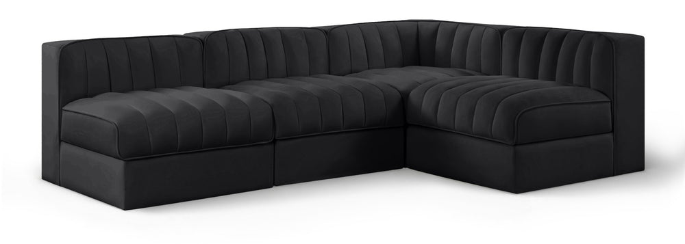 Meridian Furniture Rummi Four Piece Modular Sectional Velvet Channel Tufted Low Profile Lounge Sofa 660Black-Sec4A