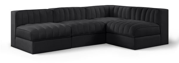 Meridian Furniture Rummi Four Piece Modular Sectional Velvet Channel Tufted Low Profile Lounge Sofa 660Black-Sec4A