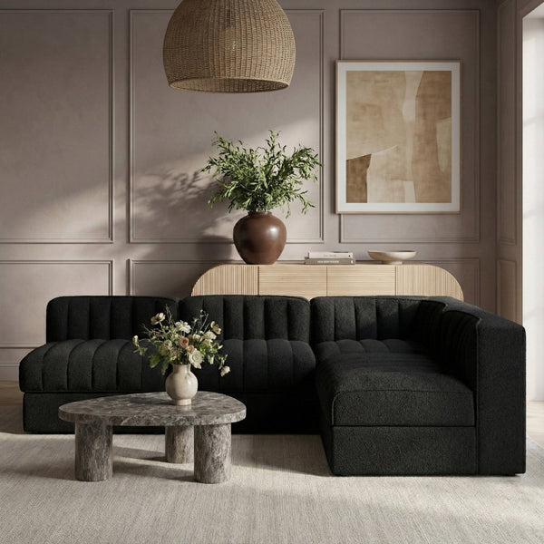 Meridian Furniture Rummi Four Piece Modular Sectional Velvet Channel Tufted Low Profile Lounge Sofa 660Black-Sec4A