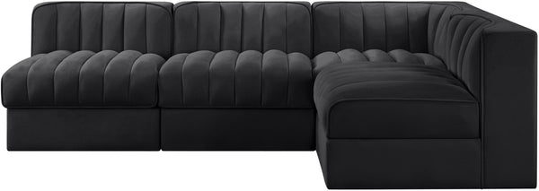 Meridian Furniture Rummi Four Piece Modular Sectional Velvet Channel Tufted Low Profile Lounge Sofa 660Black-Sec4A