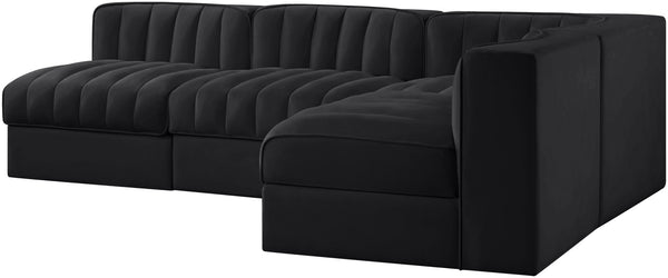 Meridian Furniture Rummi Four Piece Modular Sectional Velvet Channel Tufted Low Profile Lounge Sofa 660Black-Sec4A