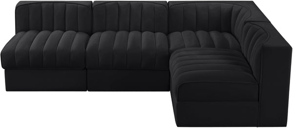 Meridian Furniture Rummi Four Piece Modular Sectional Velvet Channel Tufted Low Profile Lounge Sofa 660Black-Sec4A