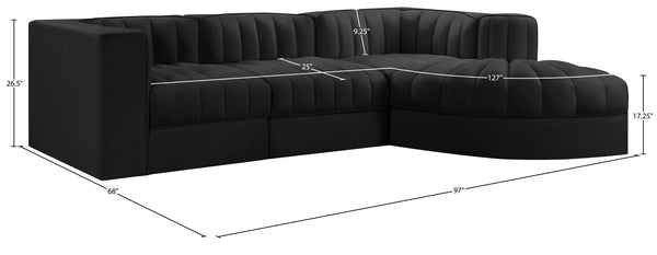 Meridian Furniture Rummi Channel Tufted Black Velvet Modular Sectional Low Profile Living Room Sofa 660Black-Sec4C