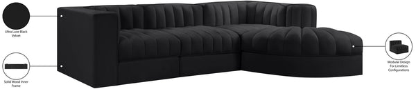Meridian Furniture Rummi Channel Tufted Black Velvet Modular Sectional Low Profile Living Room Sofa 660Black-Sec4C
