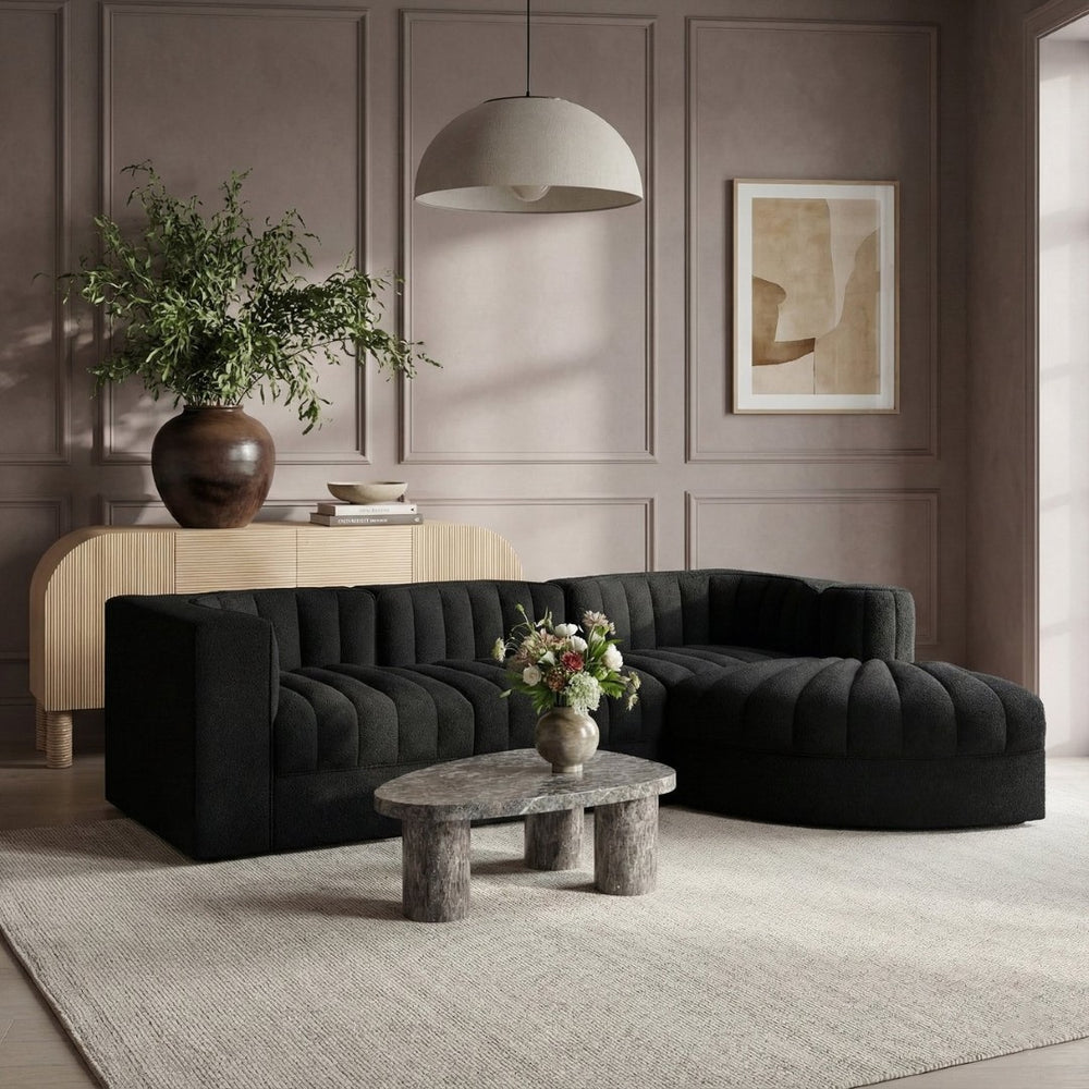 Meridian Furniture Rummi Channel Tufted Black Velvet Modular Sectional Low Profile Living Room Sofa 660Black-Sec4C