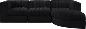 Meridian Furniture Rummi Channel Tufted Black Velvet Modular Sectional Low Profile Living Room Sofa 660Black-Sec4C