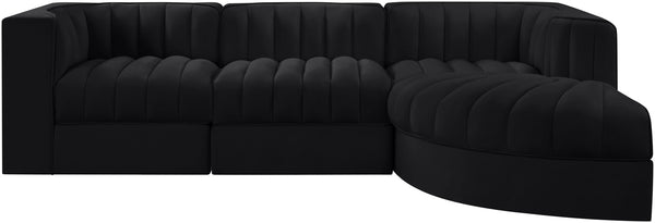 Meridian Furniture Rummi Channel Tufted Black Velvet Modular Sectional Low Profile Living Room Sofa 660Black-Sec4C
