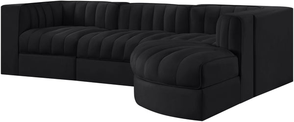 Meridian Furniture Rummi Channel Tufted Black Velvet Modular Sectional Low Profile Living Room Sofa 660Black-Sec4C