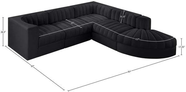 Meridian Furniture Rummi Five Piece Modular Sectional with Channel Tufted Black Velvet Upholstery 660Black-Sec5C