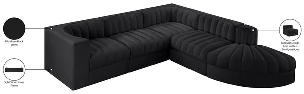Meridian Furniture Rummi Five Piece Modular Sectional with Channel Tufted Black Velvet Upholstery 660Black-Sec5C