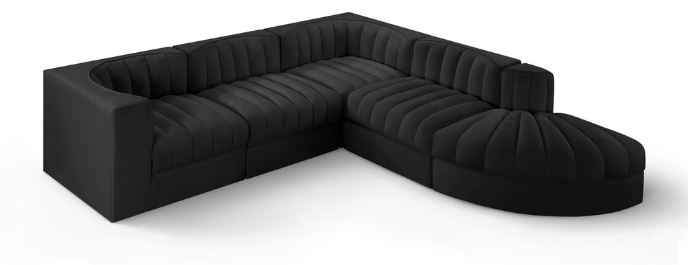Meridian Furniture Rummi Five Piece Modular Sectional with Channel Tufted Black Velvet Upholstery 660Black-Sec5C