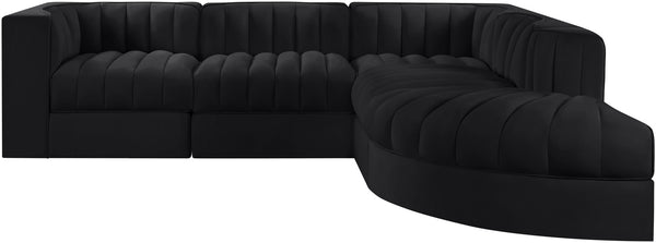 Meridian Furniture Rummi Five Piece Modular Sectional with Channel Tufted Black Velvet Upholstery 660Black-Sec5C