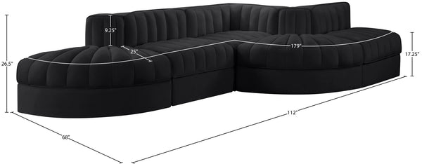 Meridian Furniture Rummi Five Piece Modular Sectional Black Velvet Channel Tufted Low Profile Sofa 660Black-Sec5D