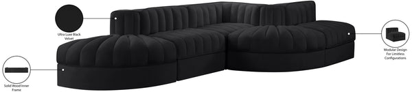 Meridian Furniture Rummi Five Piece Modular Sectional Black Velvet Channel Tufted Low Profile Sofa 660Black-Sec5D
