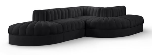 Meridian Furniture Rummi Five Piece Modular Sectional Black Velvet Channel Tufted Low Profile Sofa 660Black-Sec5D