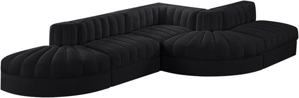 Meridian Furniture Rummi Five Piece Modular Sectional Black Velvet Channel Tufted Low Profile Sofa 660Black-Sec5D