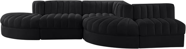 Meridian Furniture Rummi Five Piece Modular Sectional Black Velvet Channel Tufted Low Profile Sofa 660Black-Sec5D