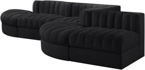 Meridian Furniture Rummi Five Piece Modular Sectional Black Velvet Channel Tufted Low Profile Sofa 660Black-Sec5D