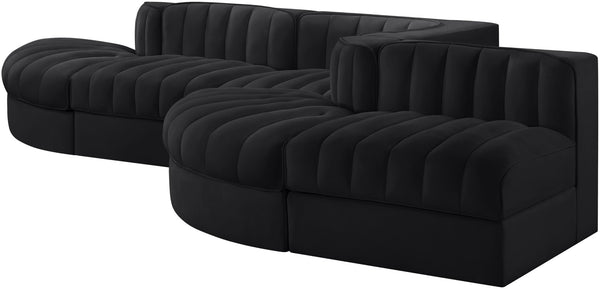 Meridian Furniture Rummi Five Piece Modular Sectional Black Velvet Channel Tufted Low Profile Sofa 660Black-Sec5D