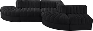 Meridian Furniture Rummi Five Piece Modular Sectional Black Velvet Channel Tufted Low Profile Sofa 660Black-Sec5D