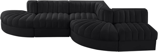 Meridian Furniture Rummi Five Piece Modular Sectional Black Velvet Channel Tufted Low Profile Sofa 660Black-Sec5D