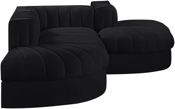 Meridian Furniture Rummi Five Piece Modular Sectional Black Velvet Channel Tufted Low Profile Sofa 660Black-Sec5D