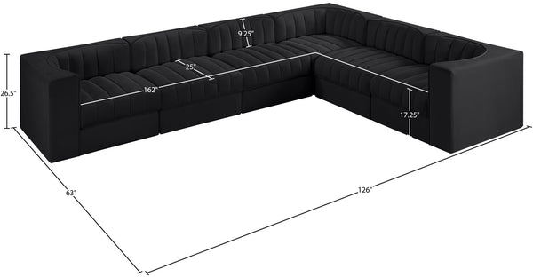 Meridian Furniture Rummi Six Piece Modular Sectional Black Velvet Channel Tufted Low Profile Sofa 660Black-Sec6D