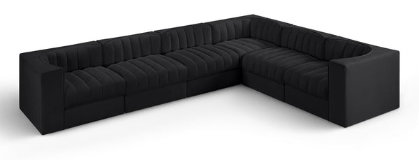 Meridian Furniture Rummi Six Piece Modular Sectional Black Velvet Channel Tufted Low Profile Sofa 660Black-Sec6D